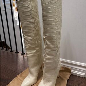 Paris Texas Cream Croc-Embossed Over-the-Knee Stiletto Boots